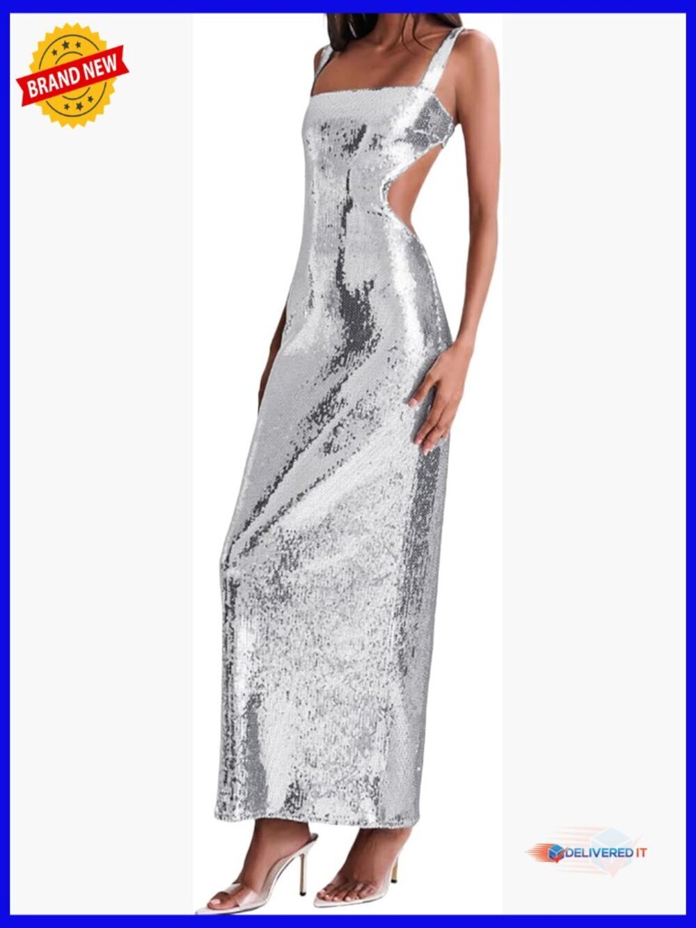 Sequin Maxi Dress with Cut Out Waist and Open Back, Slim Fit Formal Gown